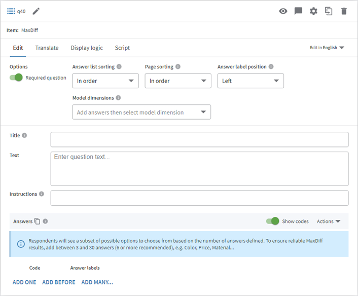 The MaxDiff item's question details page